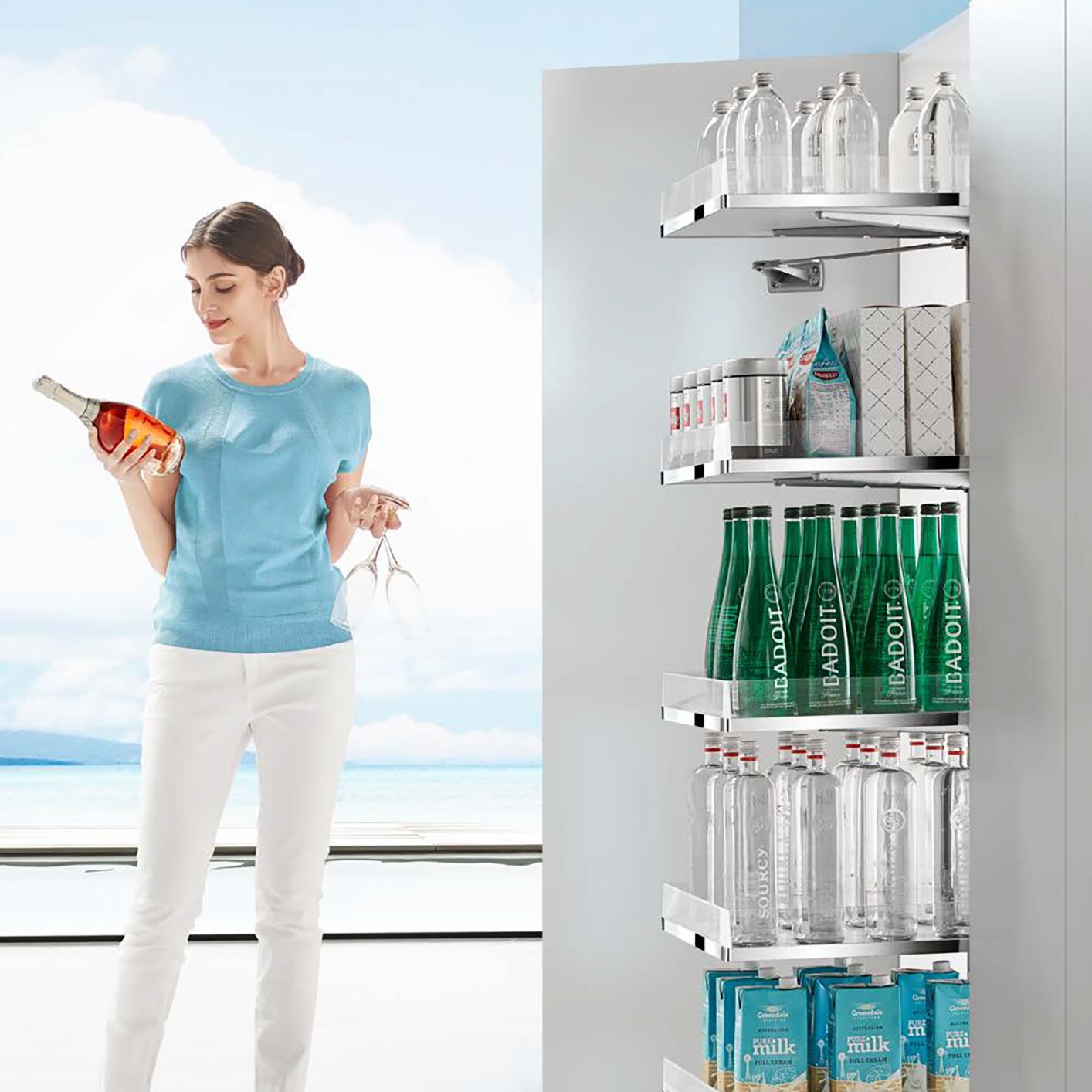 Phantom Pantry, Medium height, for 500mm (20in) wide cabinets, with Glass baskets
