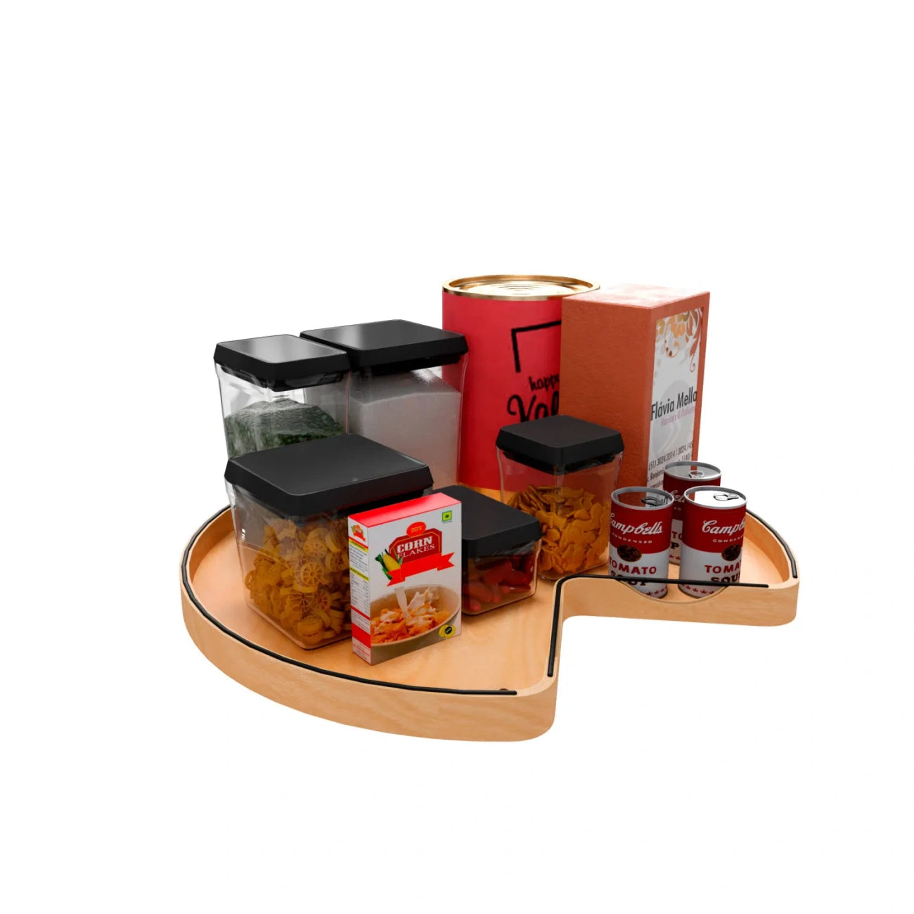 Lazy Susan – Banded Wood, Kidney-Shaped Organizer with Swivel Bearing and Matte Black Accents for Corner Base & Lower Cabinets