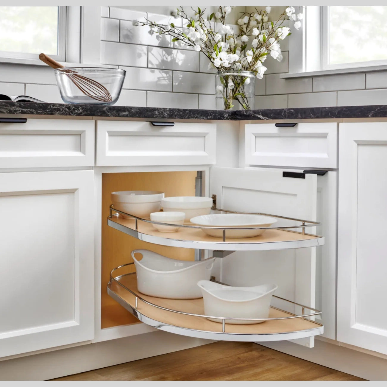 Girasolo with Contemporary Chrome and Maple Shelves Blind Corner Optimizer