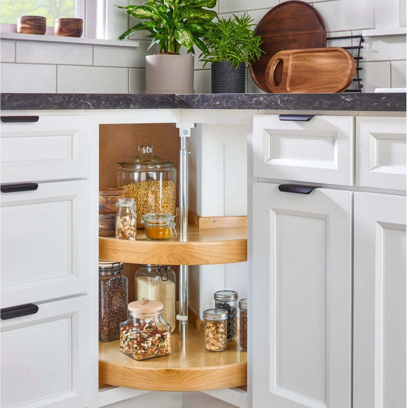 Lazy Susan – Pie Cut, Natural Wood, 2-Shelf Organizer for Base & Lower Cabinets
