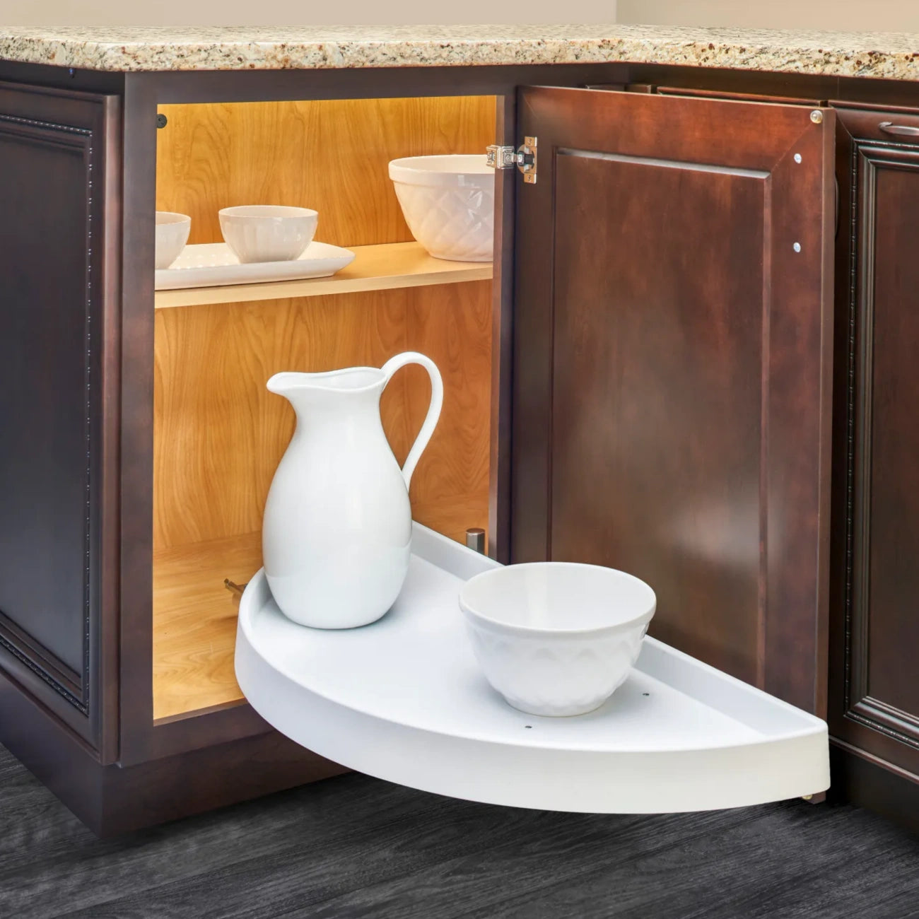 Polymer Half Moon Organizer with Pivot and Slide for Blind Corner Cabinets