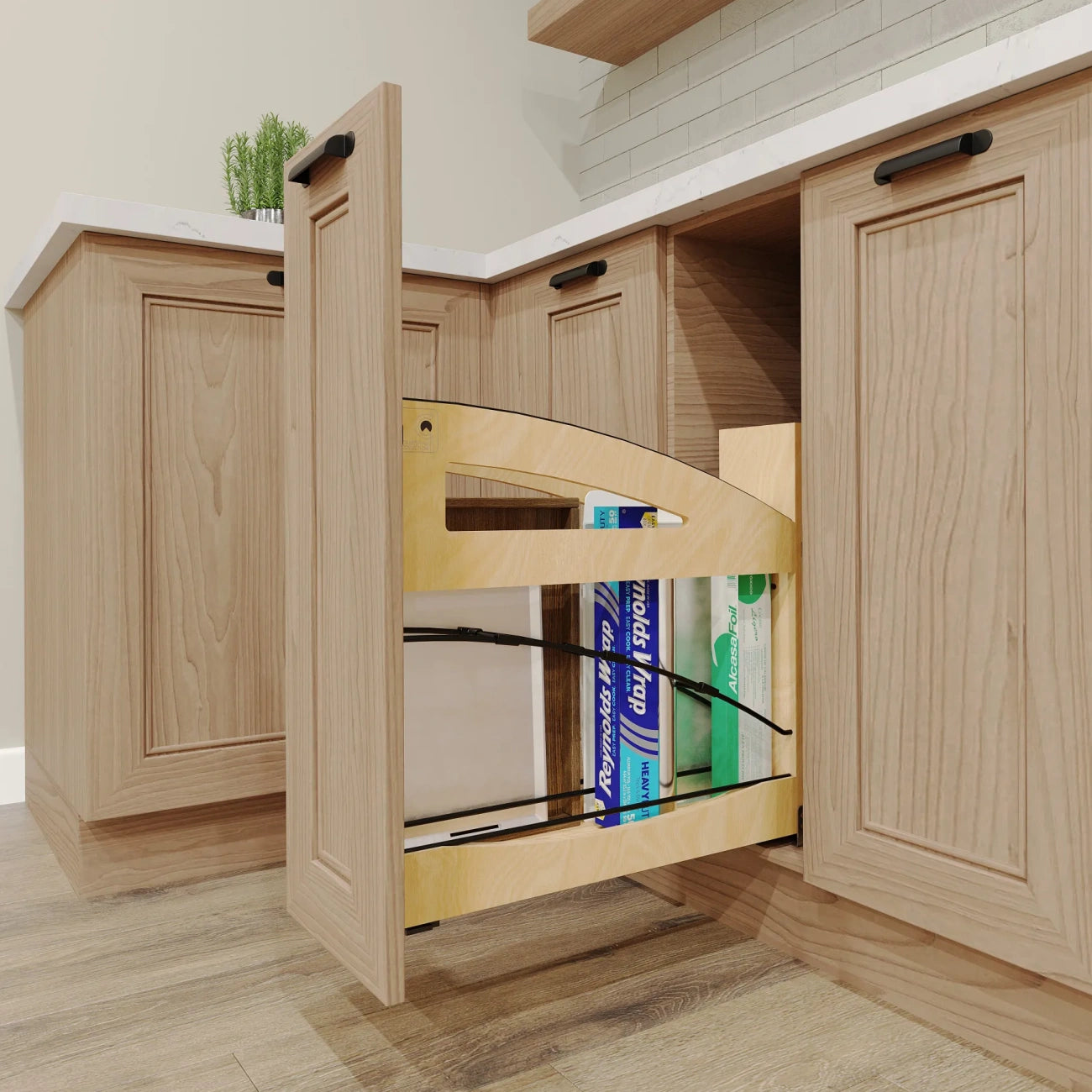 Wood Bakeware Pullout Organizer w/ BLUM Soft-Close and Matte Black Accents