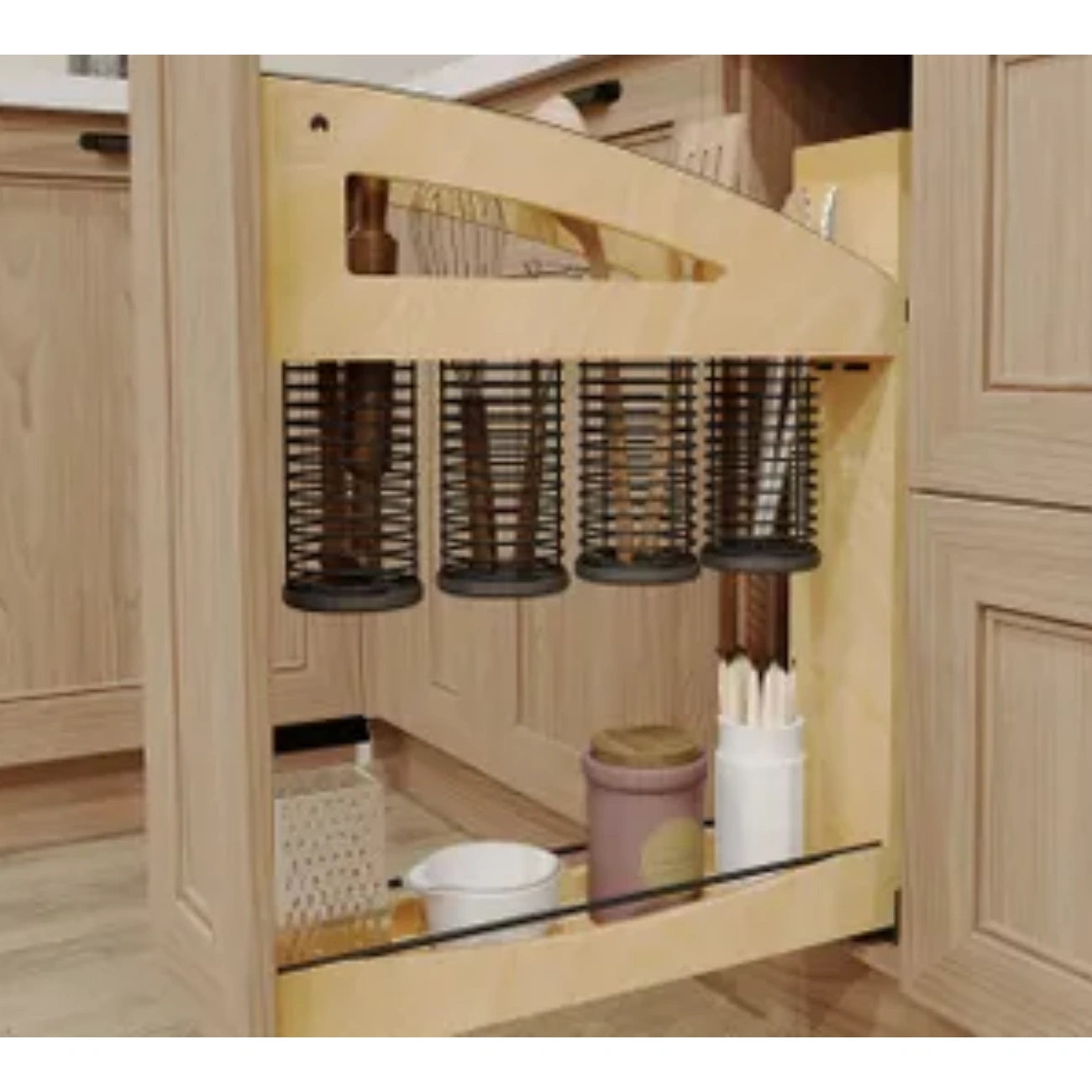 Wood Base Cabinet Utensil Pullout Organizer w/ BLUM Soft-Close and Matte Black Accents