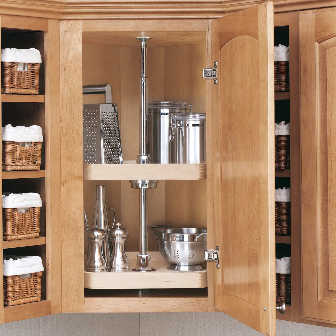 Lazy Susan – Classic, D-Shape, Natural Wood, 2-Shelf Organizer for Wall & Upper Cabinets