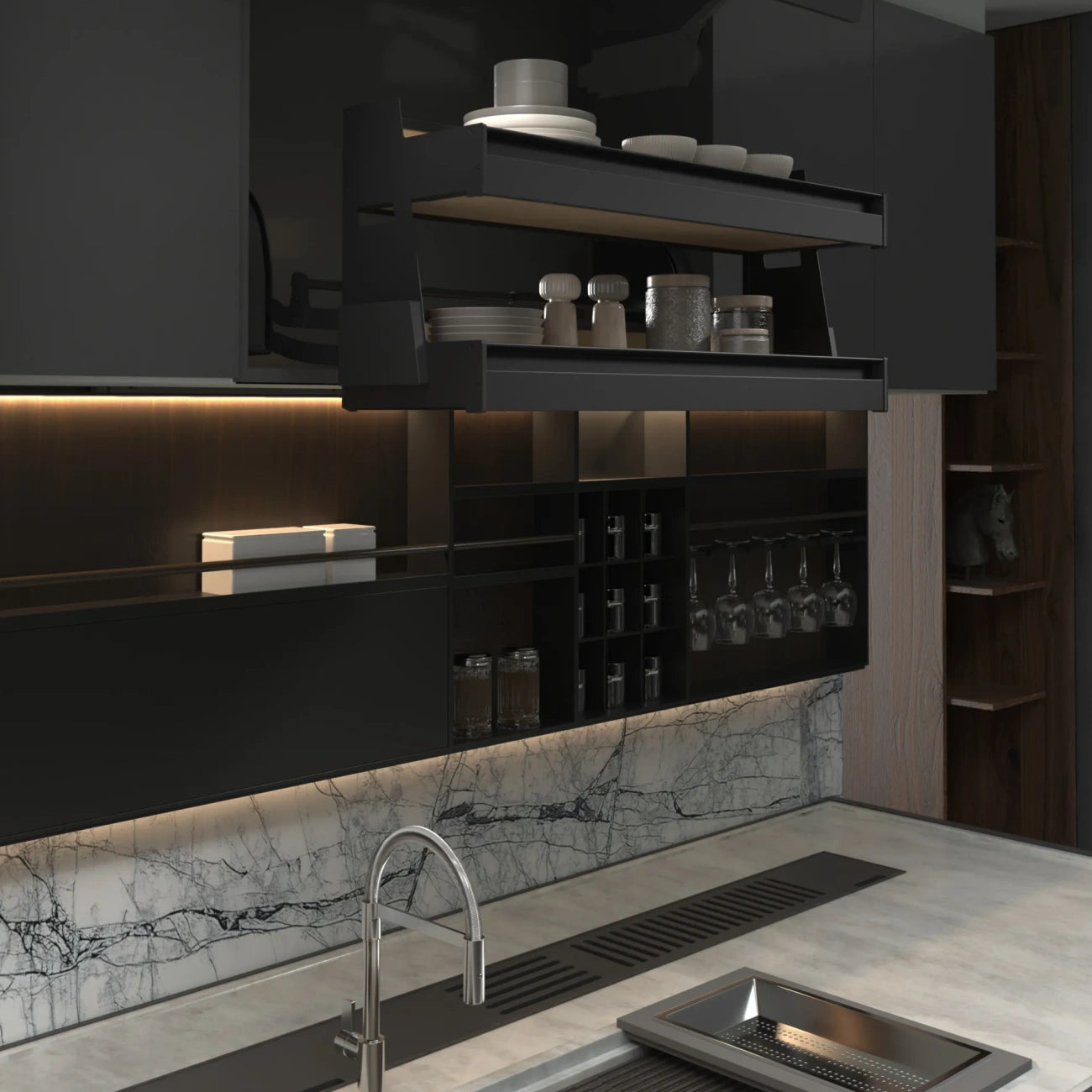 Customizable Pull-Down Shelving System for Wall Cabinets