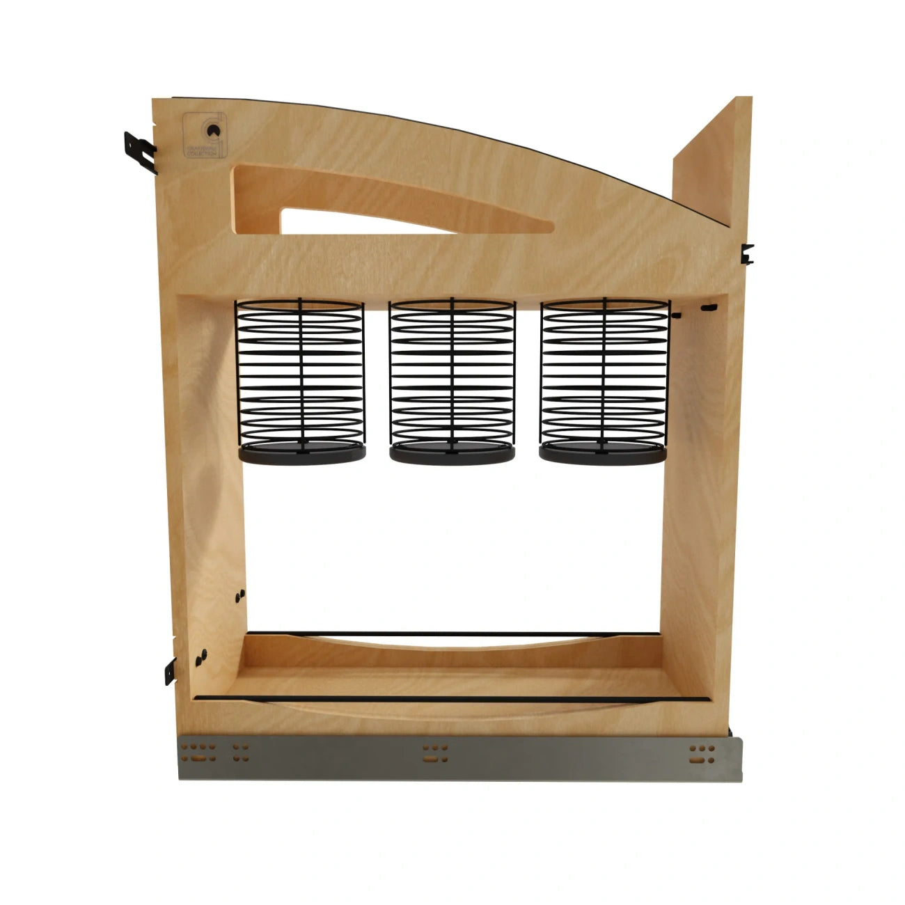 Wood Base Cabinet Utensil Pullout Organizer w/ BLUM Soft-Close and Matte Black Accents
