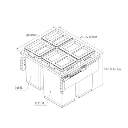 Garbage Bins System - Width 22-1/2 Inches with Plastic Lids