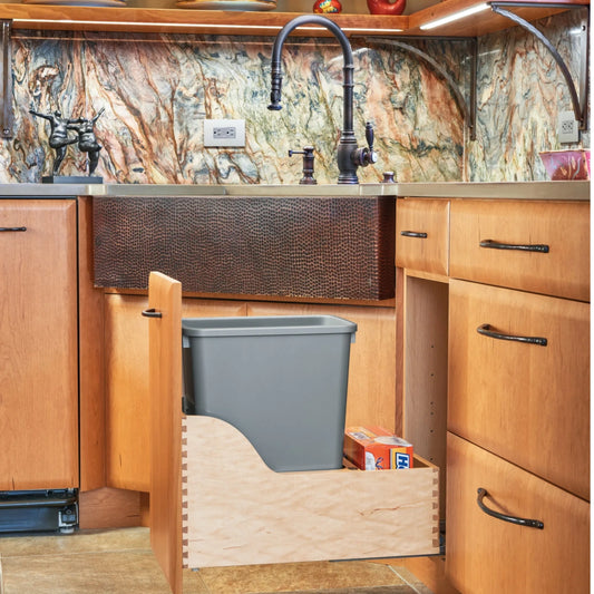 Maple Bottom Mount Waste Container w/SERVO-DRIVE Electric Pull-Out Trash Bin Cabinet