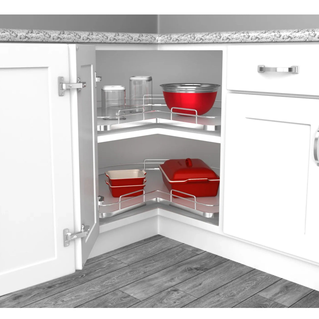 Solid Bottom Kidney-Shaped Lazy Susan for Corner Base Cabinet w/ Swivel Bearing