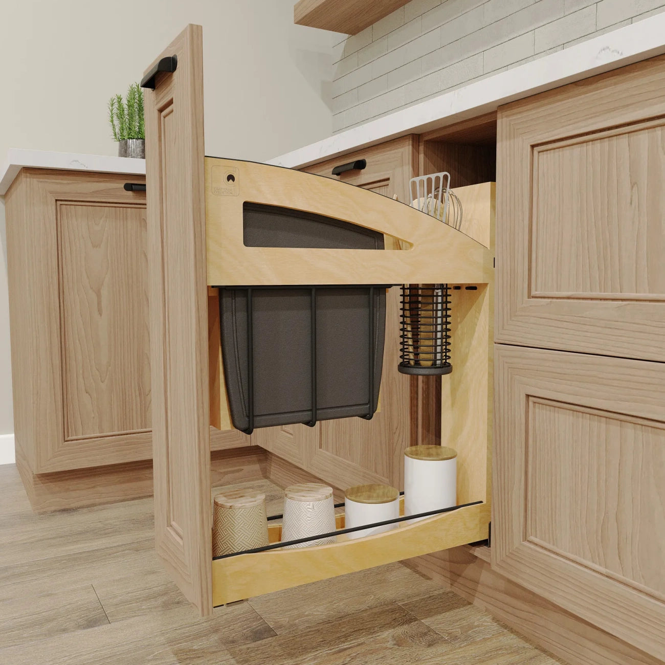 Wood Base Cabinet Knife Block Pullout Organizer w/ BLUM Soft-Close and Matte Black Accents