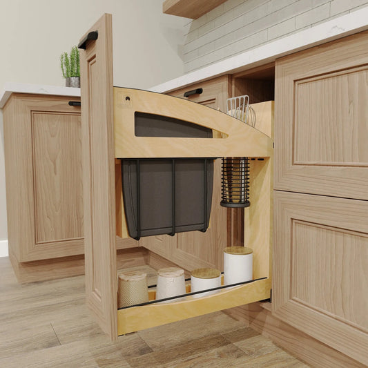 Wood Base Cabinet Knife Block Pullout Organizer w/ BLUM Soft-Close and Matte Black Accents