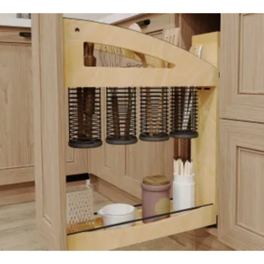 Wood Base Cabinet Utensil Pullout Organizer w/ BLUM Soft-Close and Matte Black Accents