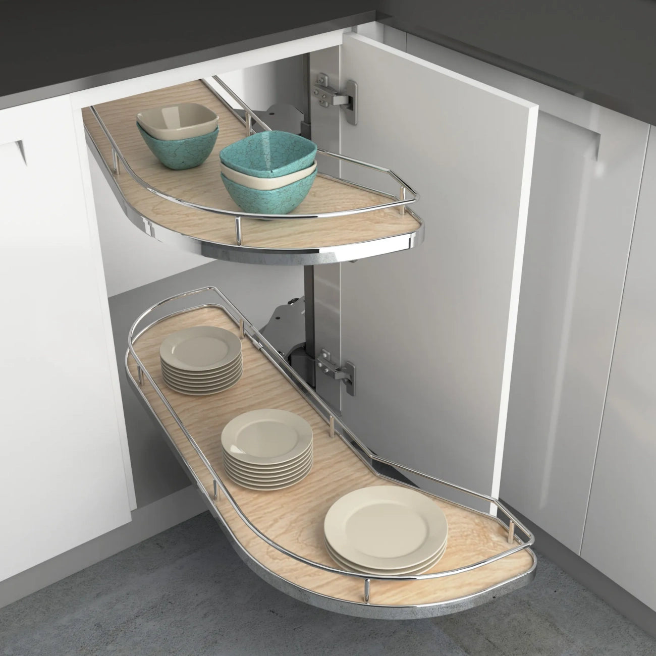 Girasolo with Contemporary Chrome and Maple Shelves Blind Corner Optimizer