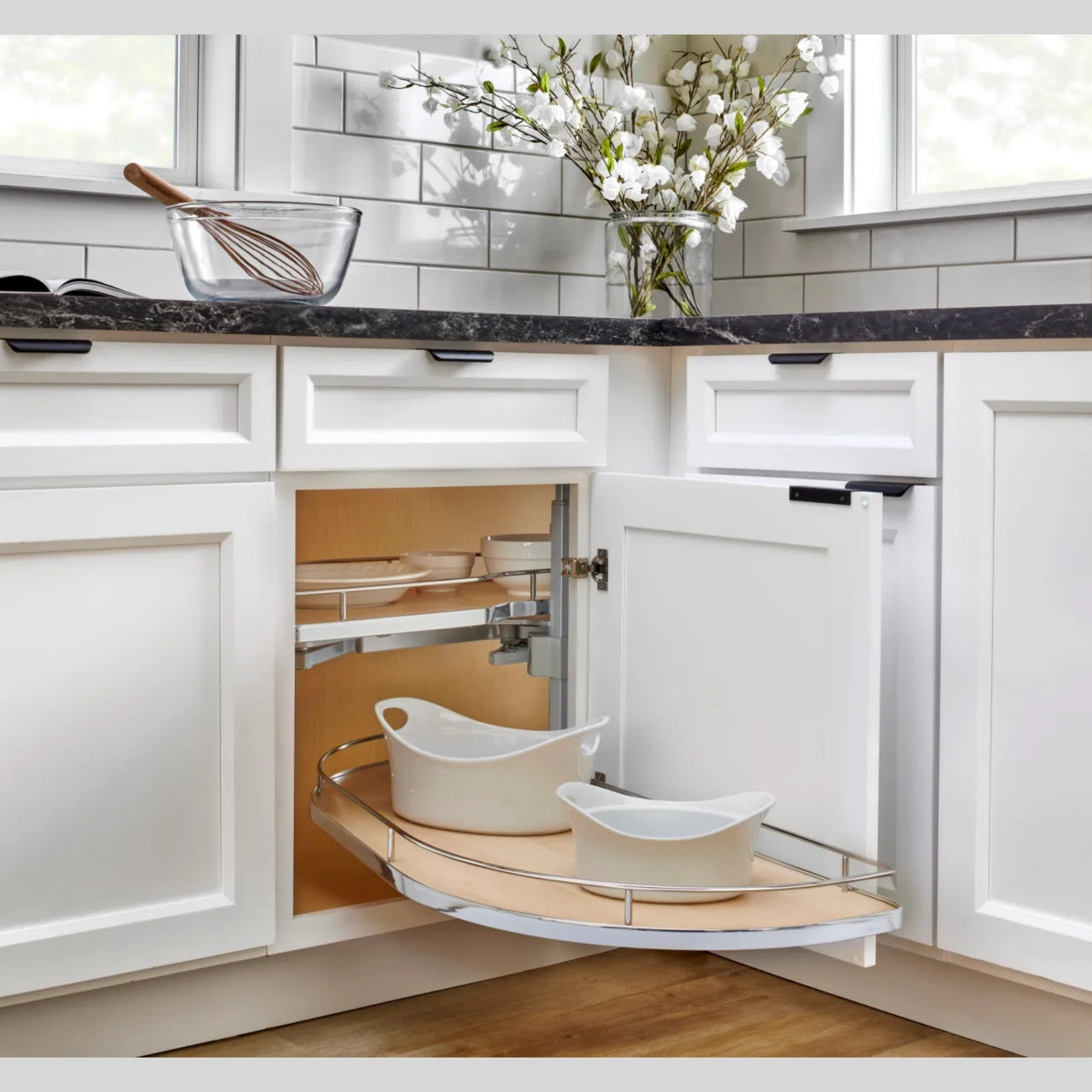 Girasolo with Contemporary Chrome and Maple Shelves Blind Corner Optimizer