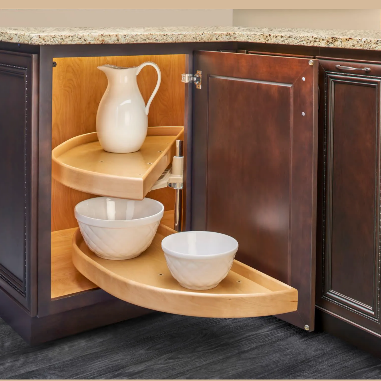 Natural Wood Half Moon Organizer for Blind Corner Cabinets