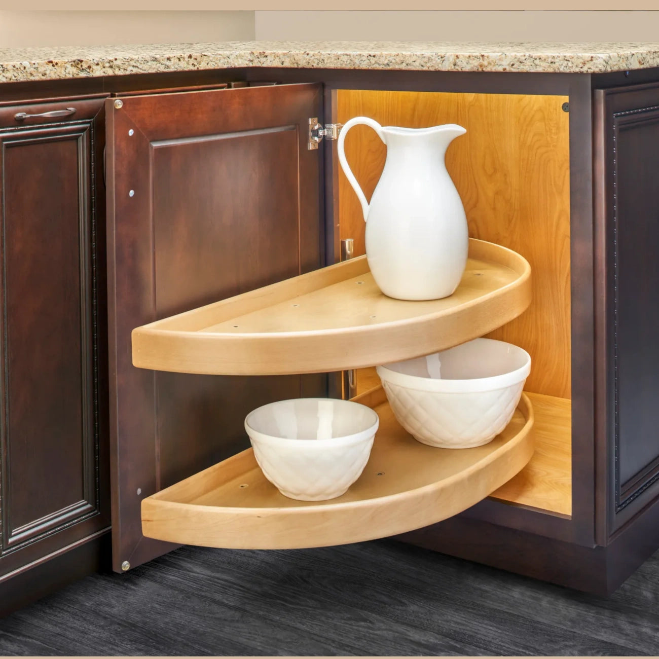 Natural Wood Half Moon Organizer for Blind Corner Cabinets