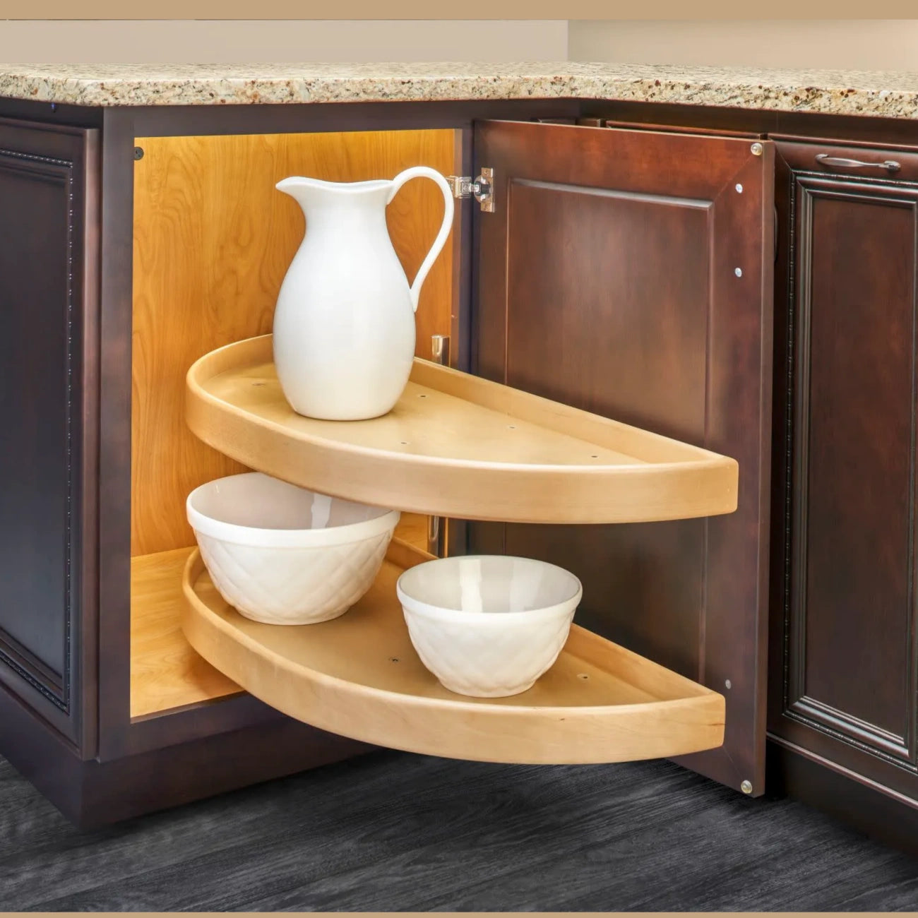 Natural Wood Half Moon Organizer for Blind Corner Cabinets