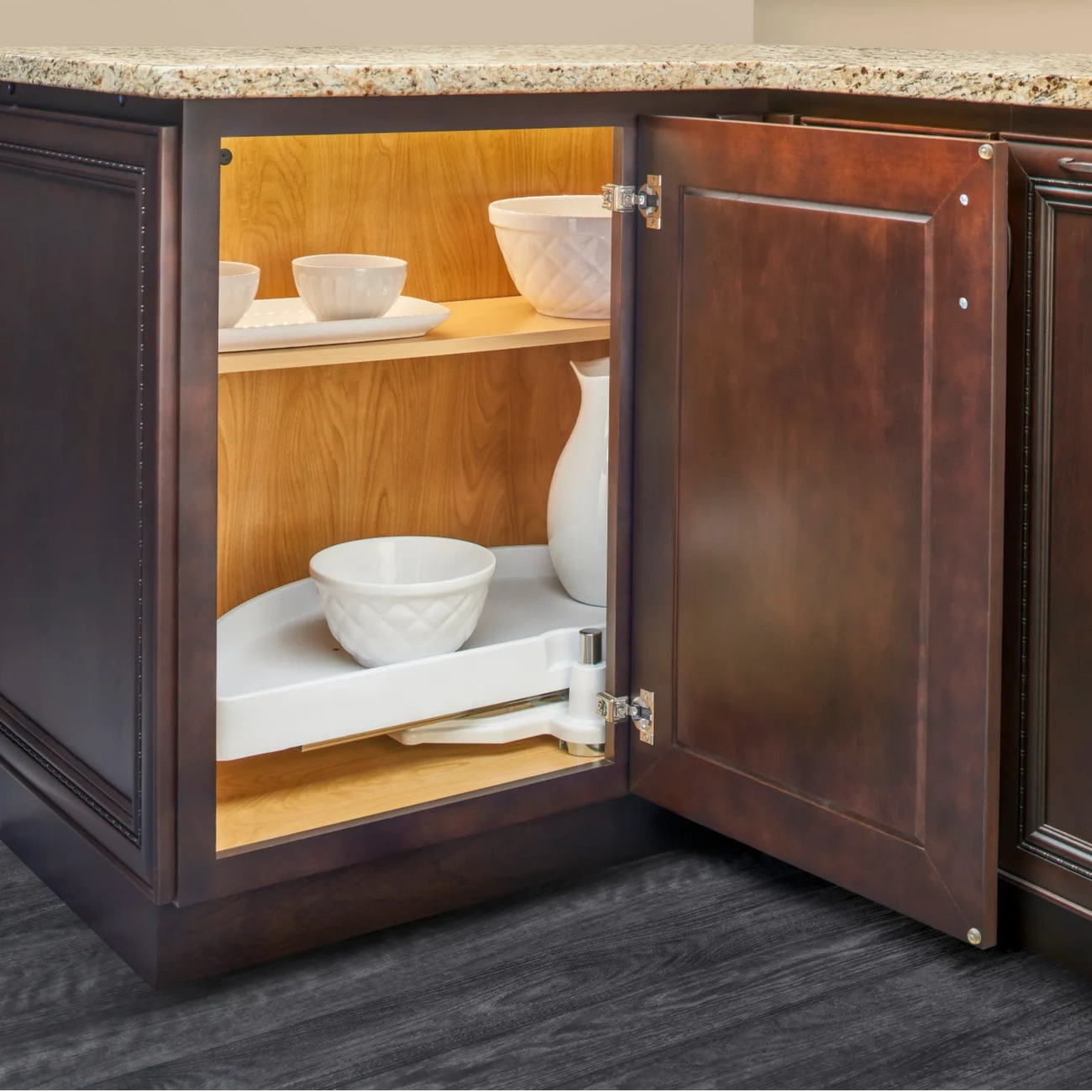 Polymer Half Moon Organizer with Pivot and Slide for Blind Corner Cabinets