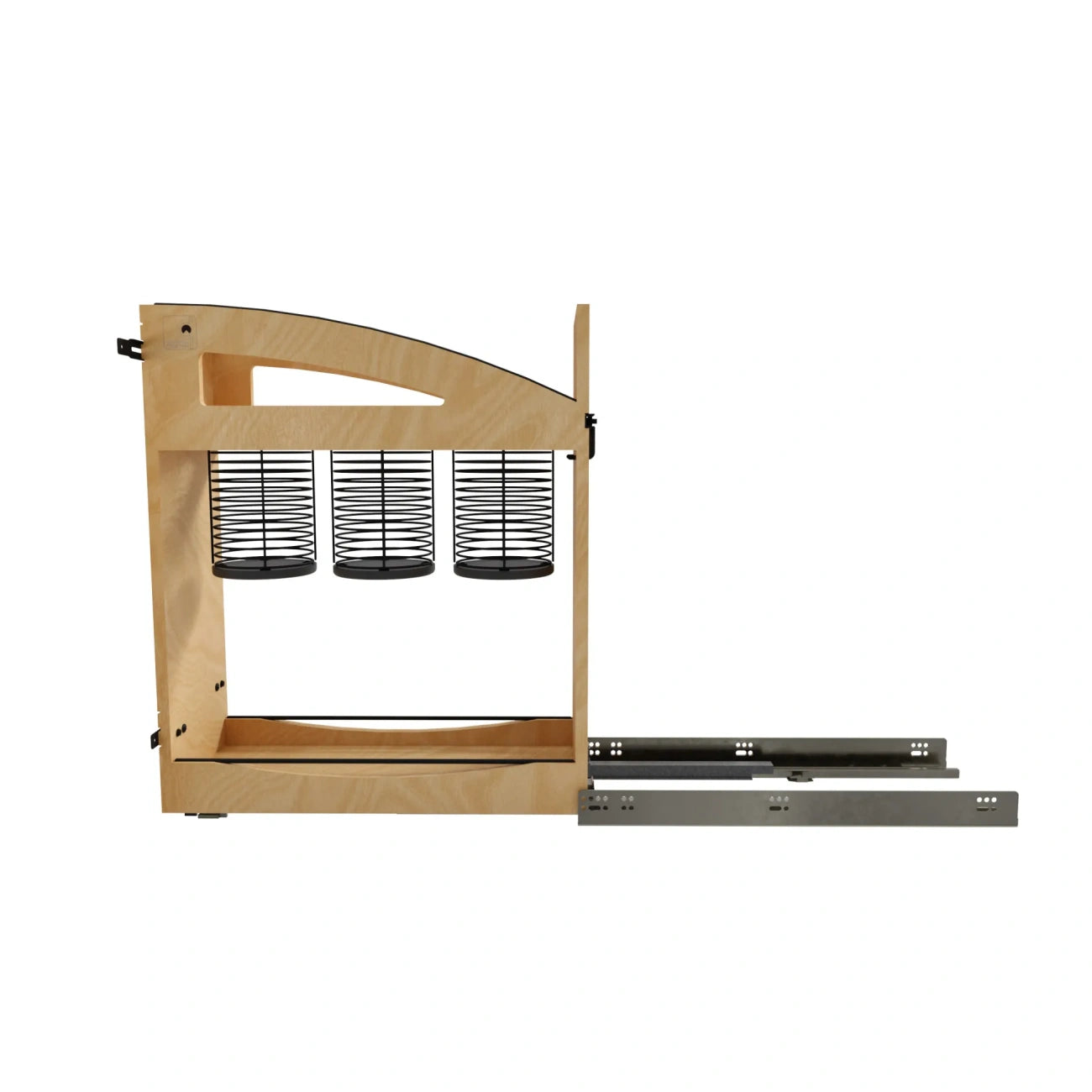 Wood Base Cabinet Utensil Pullout Organizer w/ BLUM Soft-Close and Matte Black Accents